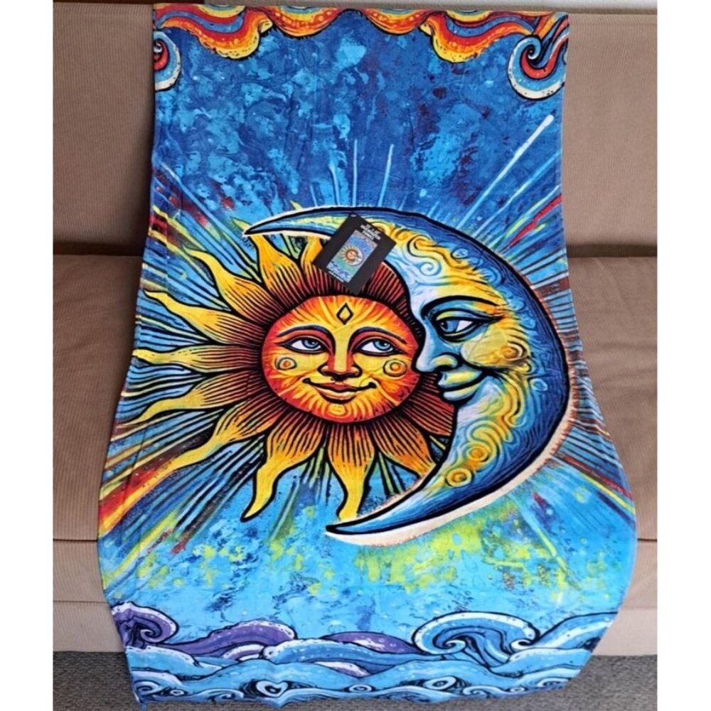 Sun & And Moon Towel Bath Beach Pool Gift Celestial Faces Merge 30x60 Waves Sky